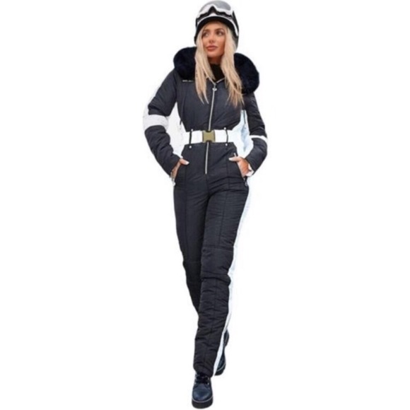 Women's Winter Ski Suit Waterproof Snowsuit Fur Collar Ski Jumpsuit Coat